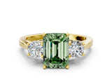 Yellow gold Fancy Green Emerald Cut Diamond Three-Stone Engagement Ring with Prong Setting and Pavé Band