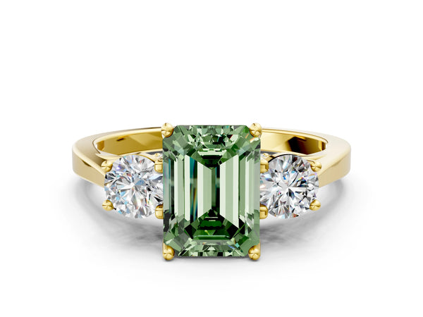 Yellow gold Fancy Green Emerald Cut Diamond Three-Stone Engagement Ring with Prong Setting and Pavé Band
