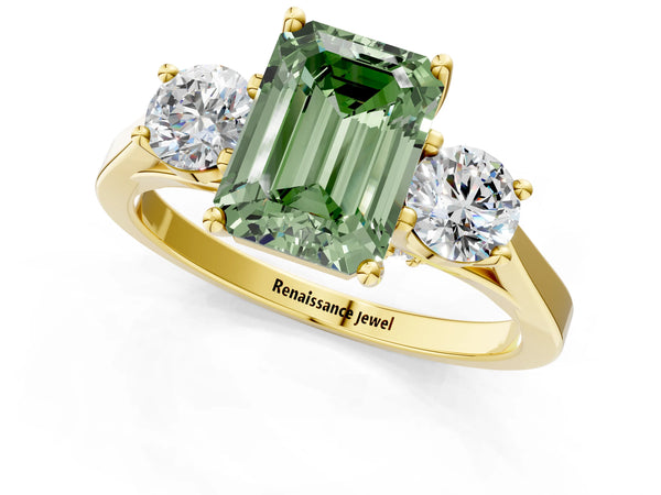 Yellow gold Fancy Green Emerald Cut Diamond Three-Stone Engagement Ring with Prong Setting and Pavé Band