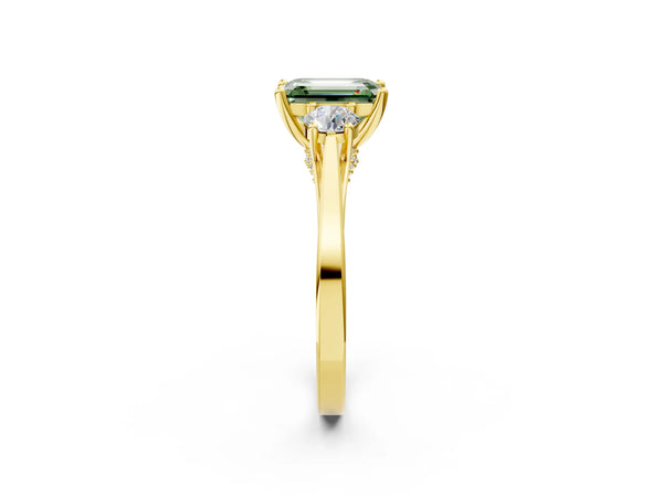 Yellow gold Fancy Green Emerald Cut Diamond Three-Stone Engagement Ring with Prong Setting and Pavé Band