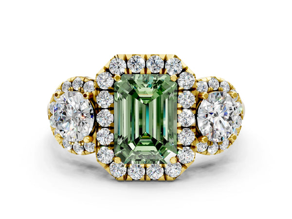 Yellow Gold Emerald Cut Three Stone Halo Engagement Ring Setting for Fancy Green Center