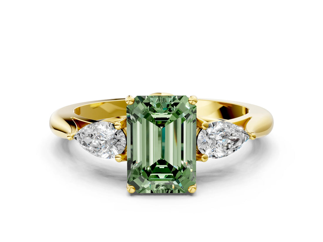 Yellow gold Fancy Green Emerald Cut Diamond Three-Stone Ring with Pear Side Stones and Four-Prong Setting_77