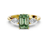 Yellow gold Fancy Green Emerald Cut Diamond Three-Stone Ring with Pear Side Stones and Four-Prong Setting_77