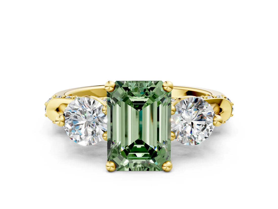 Yellow gold Fancy Green Emerald Cut Diamond Three-Stone Ring with Prong Setting and Pavé Band