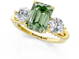 Yellow gold Fancy Green Emerald Cut Diamond Three-Stone Ring with Prong Setting and Pavé Band_1