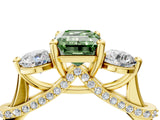 Yellow gold Fancy Green Emerald Cut Diamond Three-Stone Ring with Prong Setting and Pavé Band_4