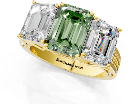 Yellow gold Fancy Green Emerald Cut Diamond Three-Stone Ring with Prong Setting and Textured Band_1