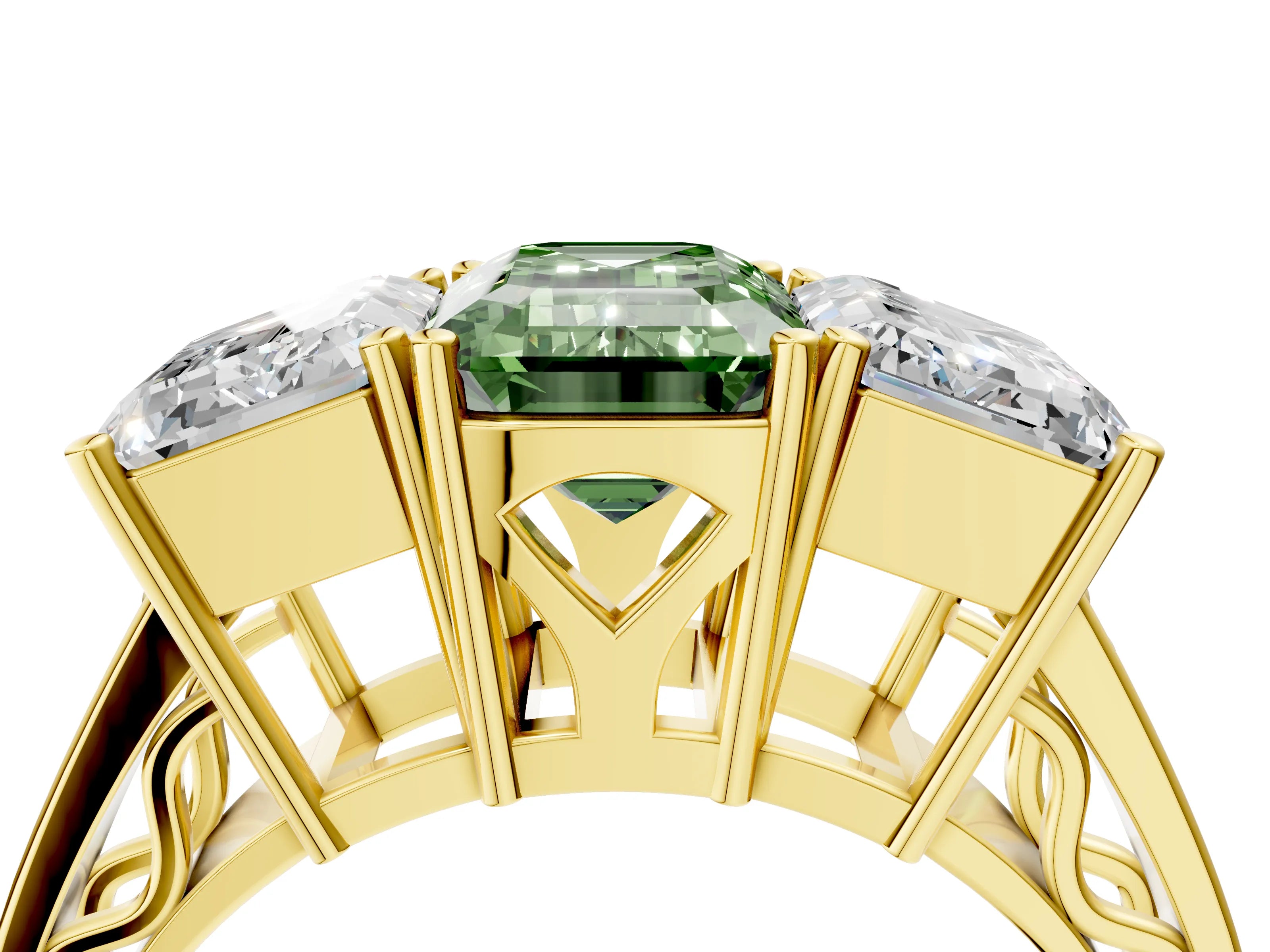 Yellow gold Fancy Green Emerald Cut Diamond Three-Stone Ring with Prong Setting and Textured Band_4