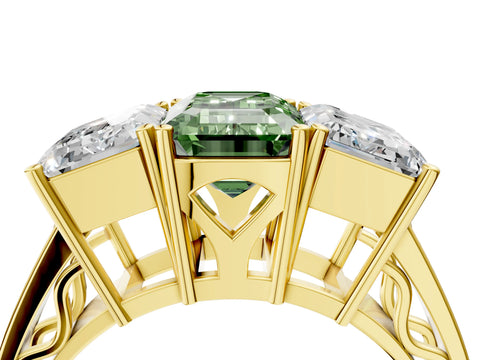 Yellow gold Fancy Green Emerald Cut Diamond Three-Stone Ring with Prong Setting and Textured Band_4