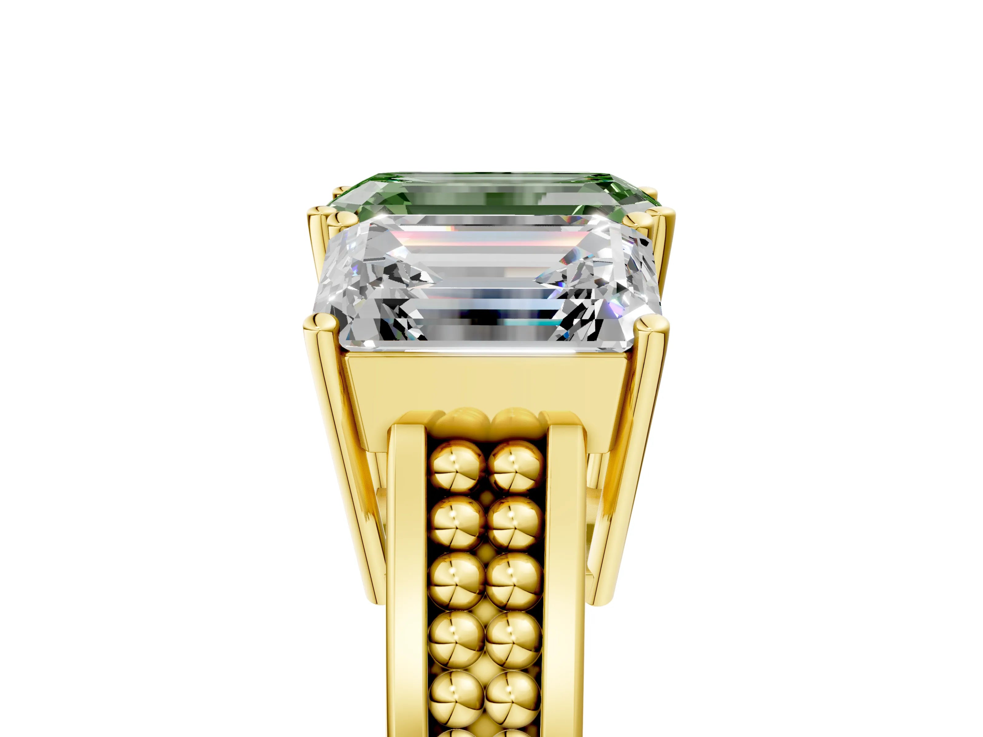 Yellow gold Fancy Green Emerald Cut Diamond Three-Stone Ring with Prong Setting and Textured Band_5