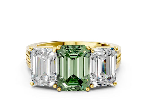 Yellow gold Fancy Green Emerald Cut Diamond Three-Stone Ring with Prong Setting and Textured Band