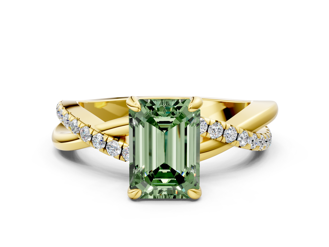 Yellow gold Fancy Green Emerald  Cut Diamond Twist Band Solitaire with Prong Setting_29