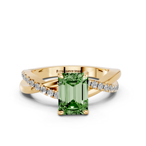 Yellow gold Fancy Green Emerald  Cut Diamond Twist Band Solitaire with Prong Setting_3
