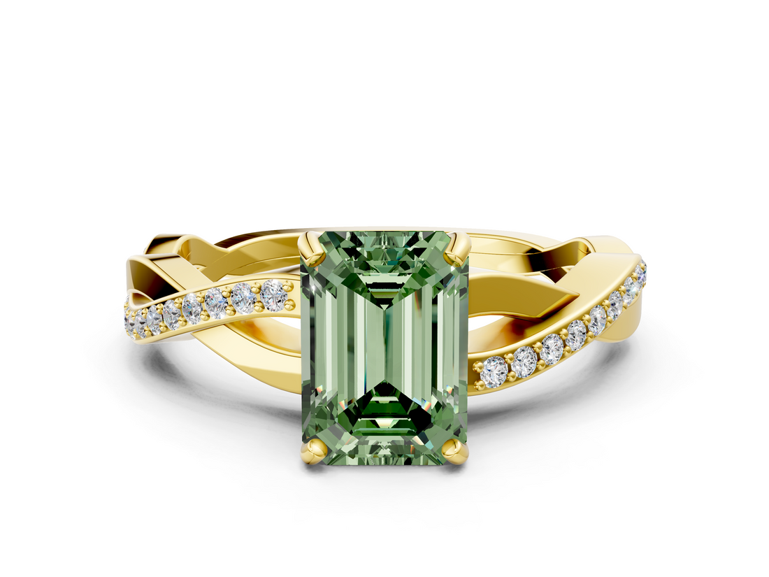 Yellow gold Fancy Green Emerald  Cut Diamond Twisted Band Engagement Ring with Prong Setting_3