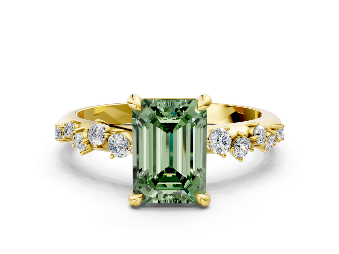 Yellow gold Fancy Green Emerald  Cut Diamond Vine Band with Four-Prong Setting_57
