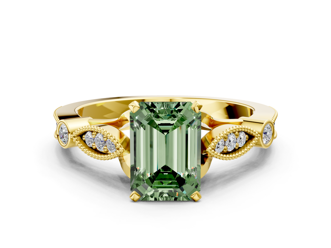 Yellow gold Fancy Green Emerald  Cut Diamond with Milgrain Marquise and Bezel Accents on a Solitaire Band with Prong Setting_220