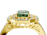 Yellow gold Fancy Green Emerald  Cut Double Halo Diamond Engagement Ring with Pave Band and Four-Prong Setting 4