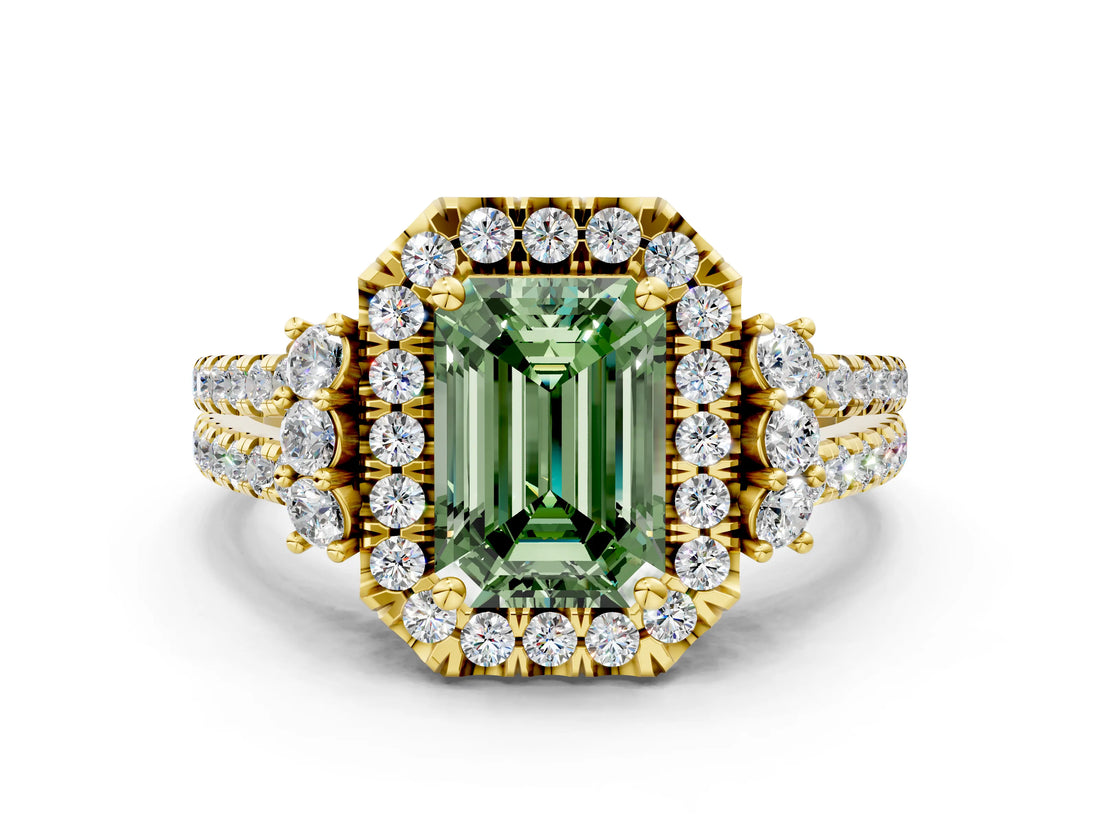 Yellow gold Fancy Green Emerald  Cut Double Halo Diamond Engagement Ring with Pave Band and Four-Prong Setting