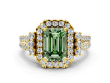 Yellow gold Fancy Green Emerald  Cut Double Halo Diamond Engagement Ring with Pave Band and Four-Prong Setting