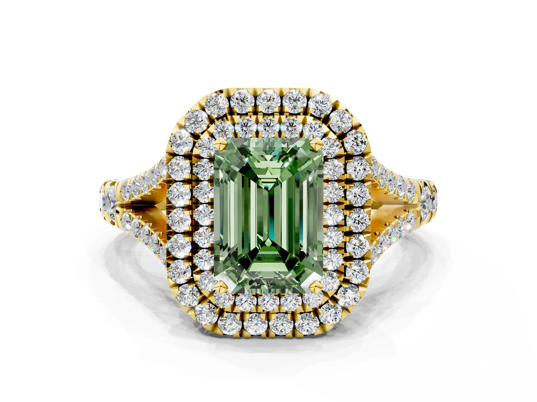 Yellow gold Fancy Green Emerald  Cut Double Halo Split Shank Diamond Ring with Prong Setting_43