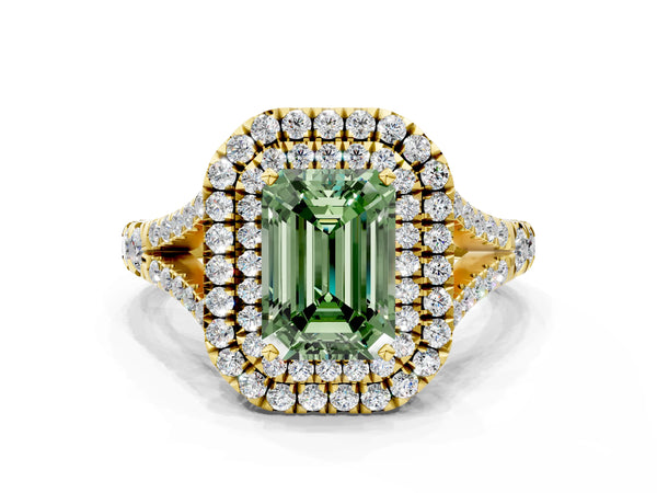 Yellow gold Fancy Green Emerald  Cut Double Halo Split Shank Diamond Ring with Prong Setting