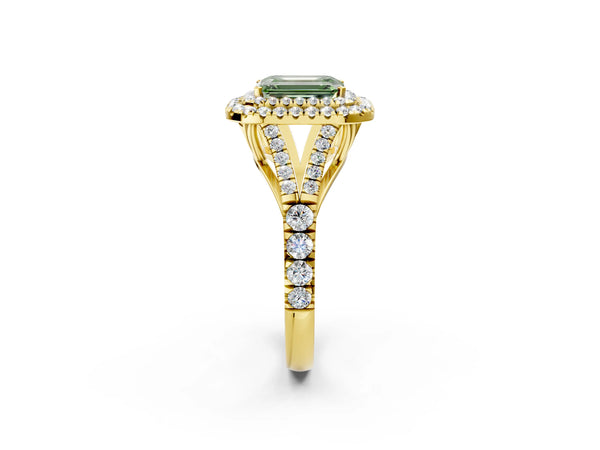 Yellow gold Fancy Green Emerald  Cut Double Halo Split Shank Diamond Ring with Prong Setting