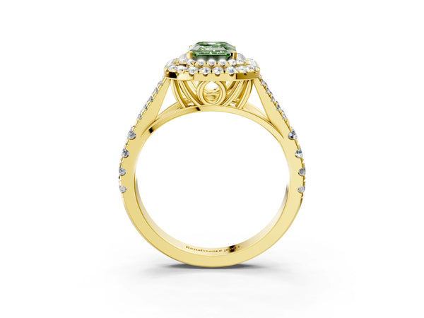 Yellow gold Fancy Green Emerald  Cut Double Halo Split Shank Diamond Ring with Prong Setting