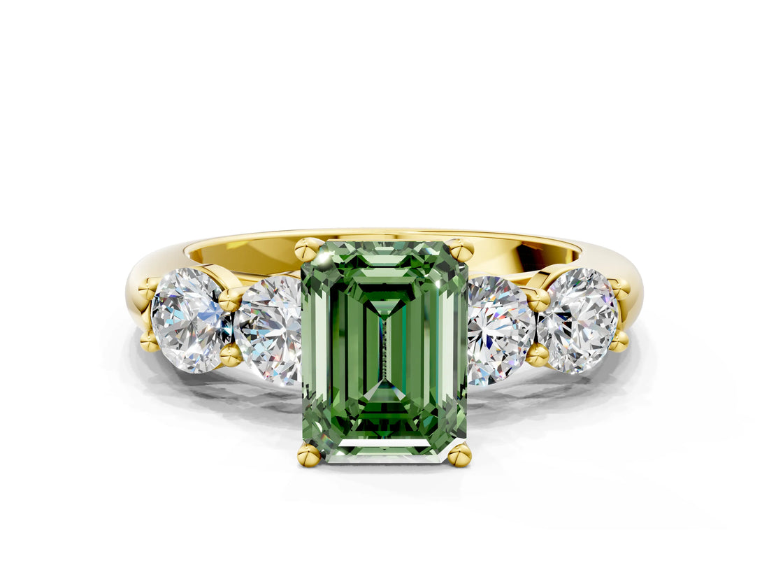 Yellow gold Fancy Green Emerald  Cut Five-Stone Prong Set Diamond Ring with Classic Band_32