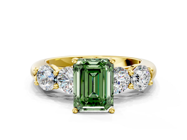 Yellow gold Fancy Green Emerald  Cut Five-Stone Prong Set Diamond Ring with Classic Band