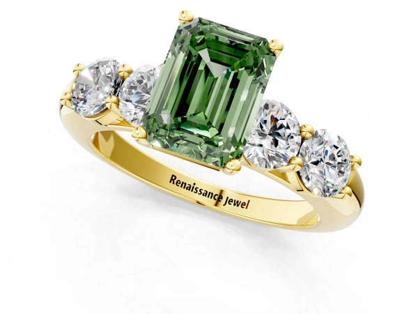 Yellow gold Fancy Green Emerald  Cut Five-Stone Prong Set Diamond Ring with Classic Band