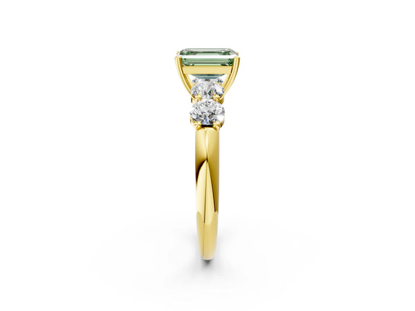 Yellow gold Fancy Green Emerald  Cut Five-Stone Prong Set Diamond Ring with Classic Band