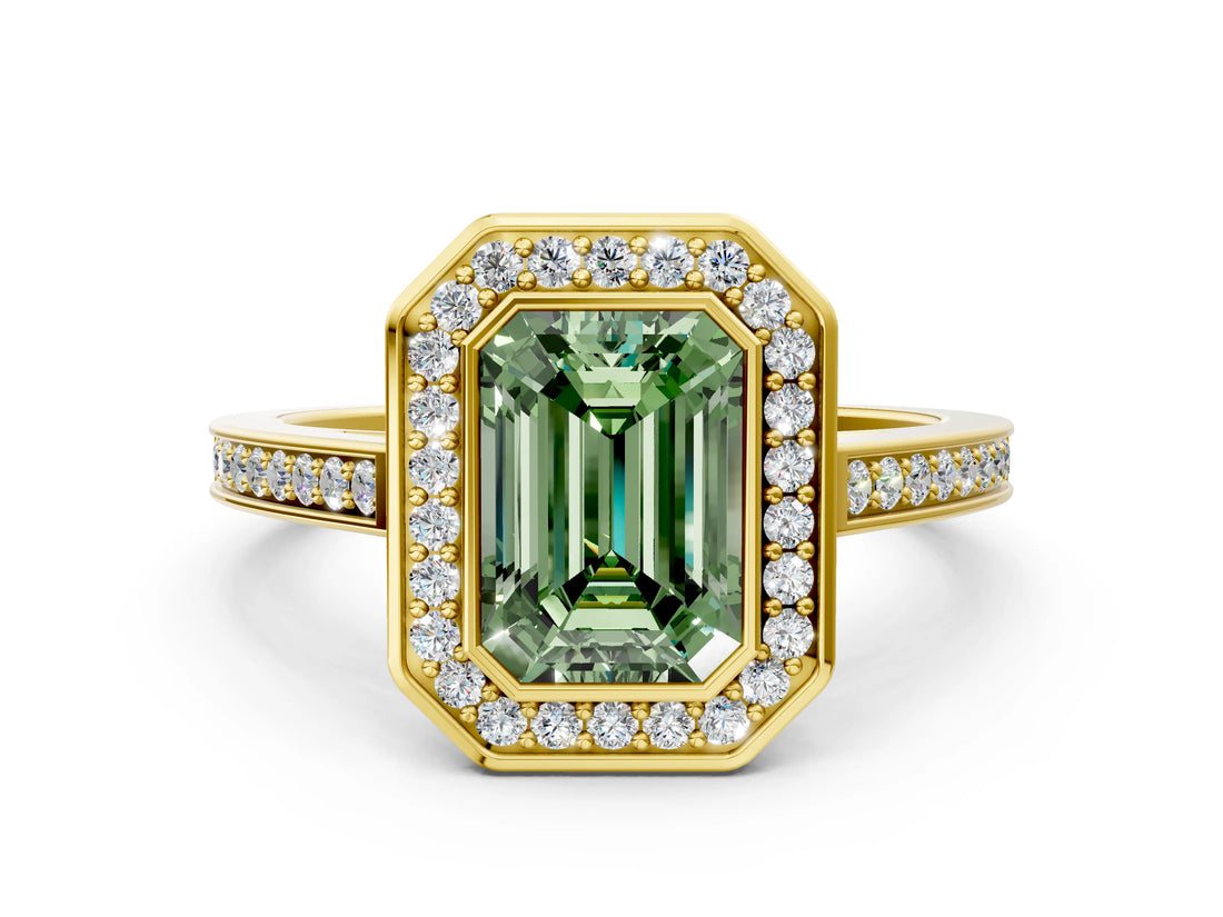 Yellow gold Fancy Green Emerald Cut Halo Bezel Diamond Pave Band Ring