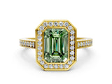 Yellow gold Fancy Green Emerald Cut Halo Bezel Diamond Pave Band Ring