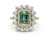 Yellow gold Fancy Green Emerald Cut Halo Cluster Diamond Ring with Pave Band and Four-Prong Setting