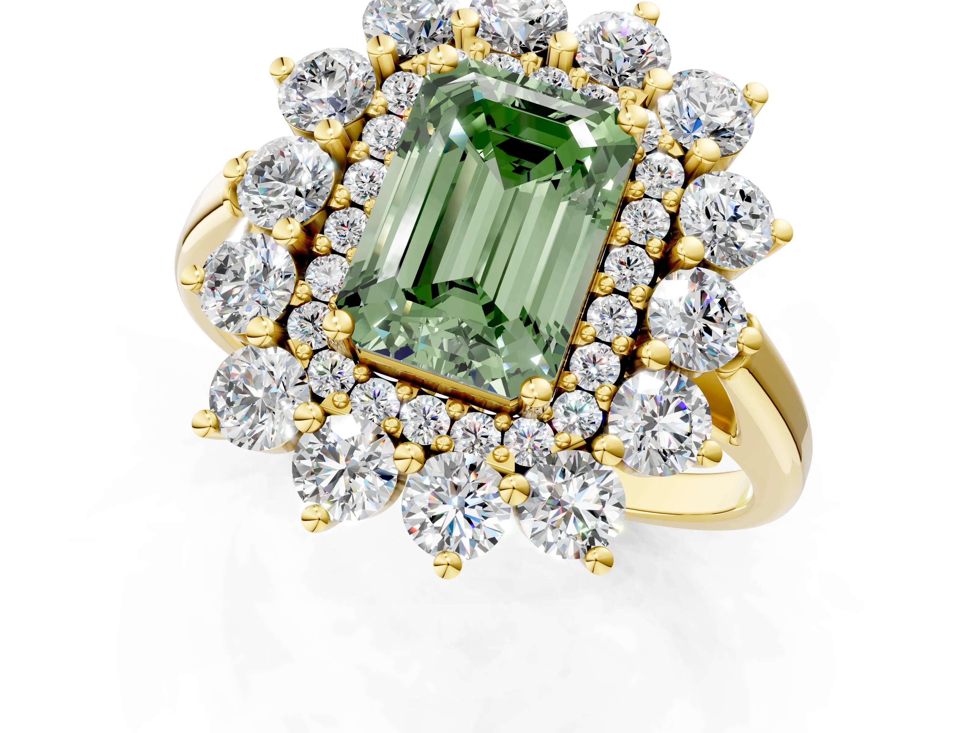 Yellow gold Fancy Green Emerald Cut Halo Cluster Diamond Ring with Pave Band and Four-Prong Setting_1