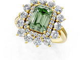 Yellow gold Fancy Green Emerald Cut Halo Cluster Diamond Ring with Pave Band and Four-Prong Setting_1