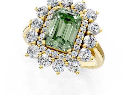 Yellow gold Fancy Green Emerald Cut Halo Cluster Diamond Ring with Pave Band and Four-Prong Setting_1