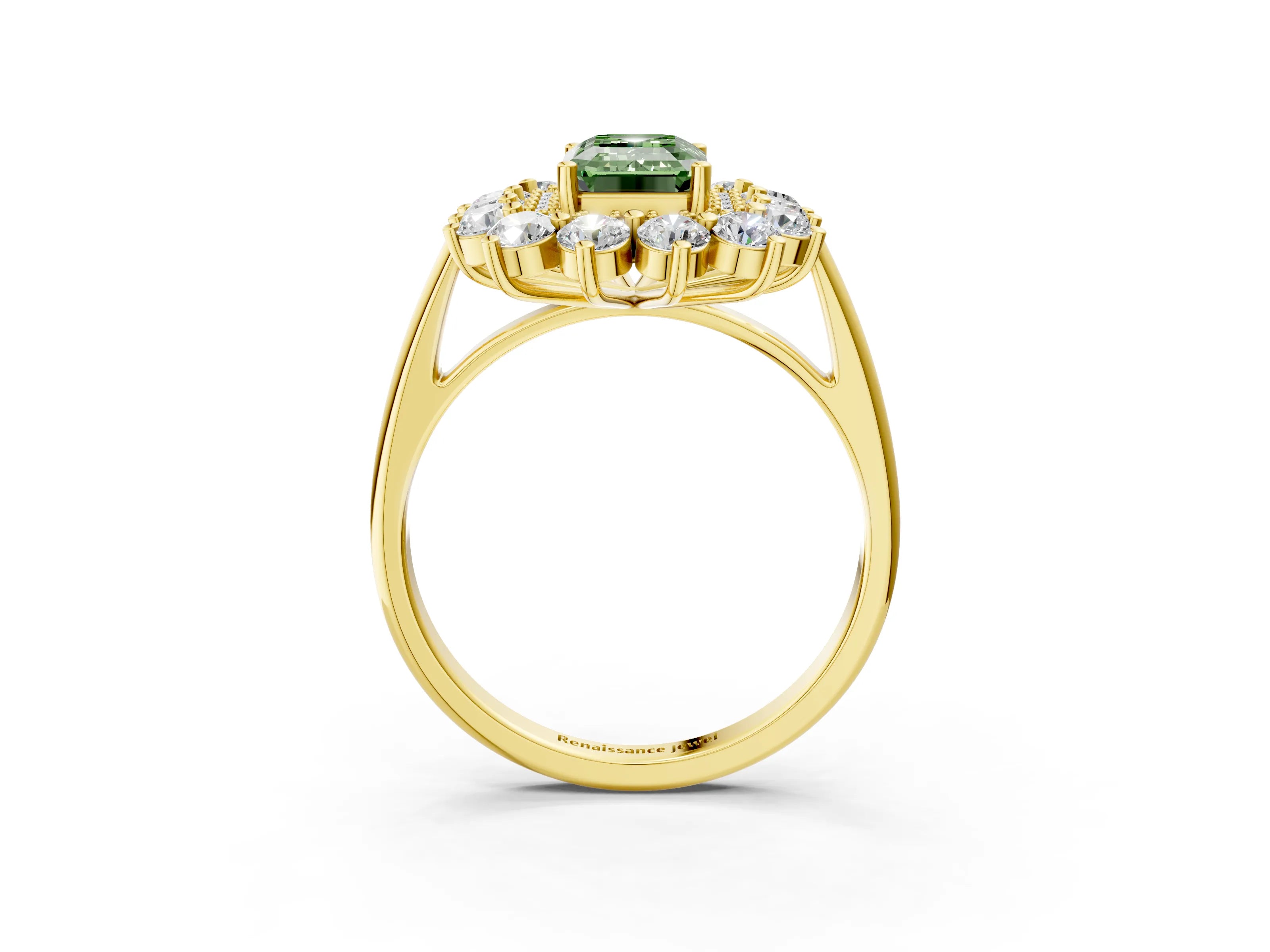 Yellow gold Fancy Green Emerald Cut Halo Cluster Diamond Ring with Pave Band and Four-Prong Setting_3