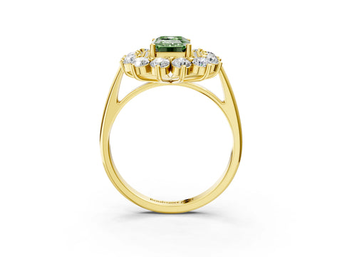 Yellow gold Fancy Green Emerald Cut Halo Cluster Diamond Ring with Pave Band and Four-Prong Setting_3