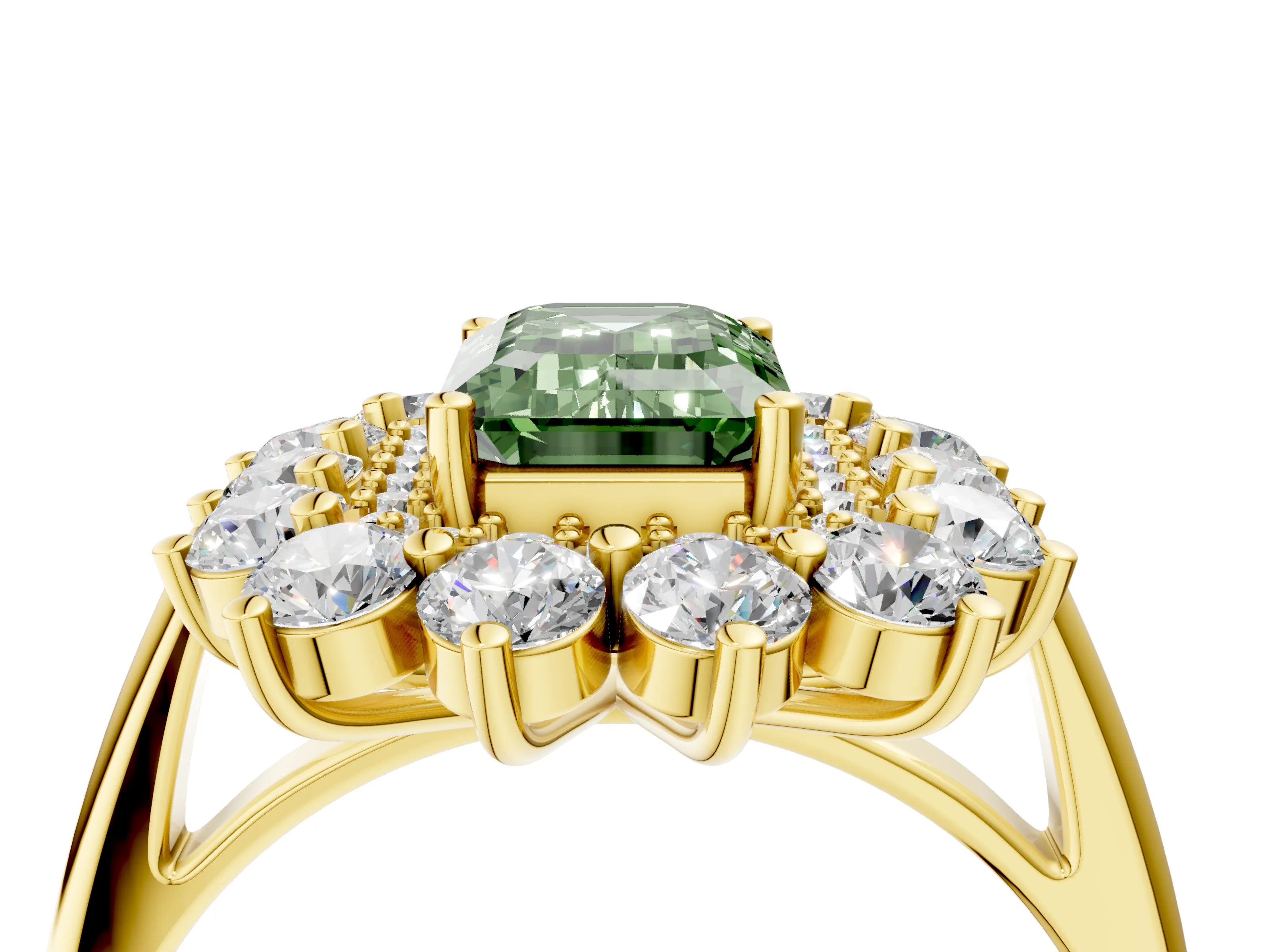 Yellow gold Fancy Green Emerald Cut Halo Cluster Diamond Ring with Pave Band and Four-Prong Setting_4