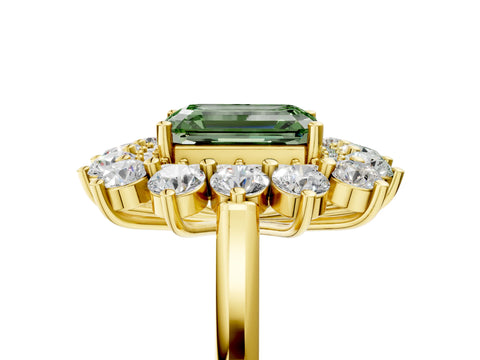 Yellow gold Fancy Green Emerald Cut Halo Cluster Diamond Ring with Pave Band and Four-Prong Setting_5