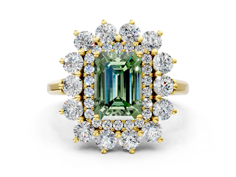 Yellow gold Fancy Green Emerald Cut Halo Cluster Diamond Ring with Pave Band and Four-Prong Setting