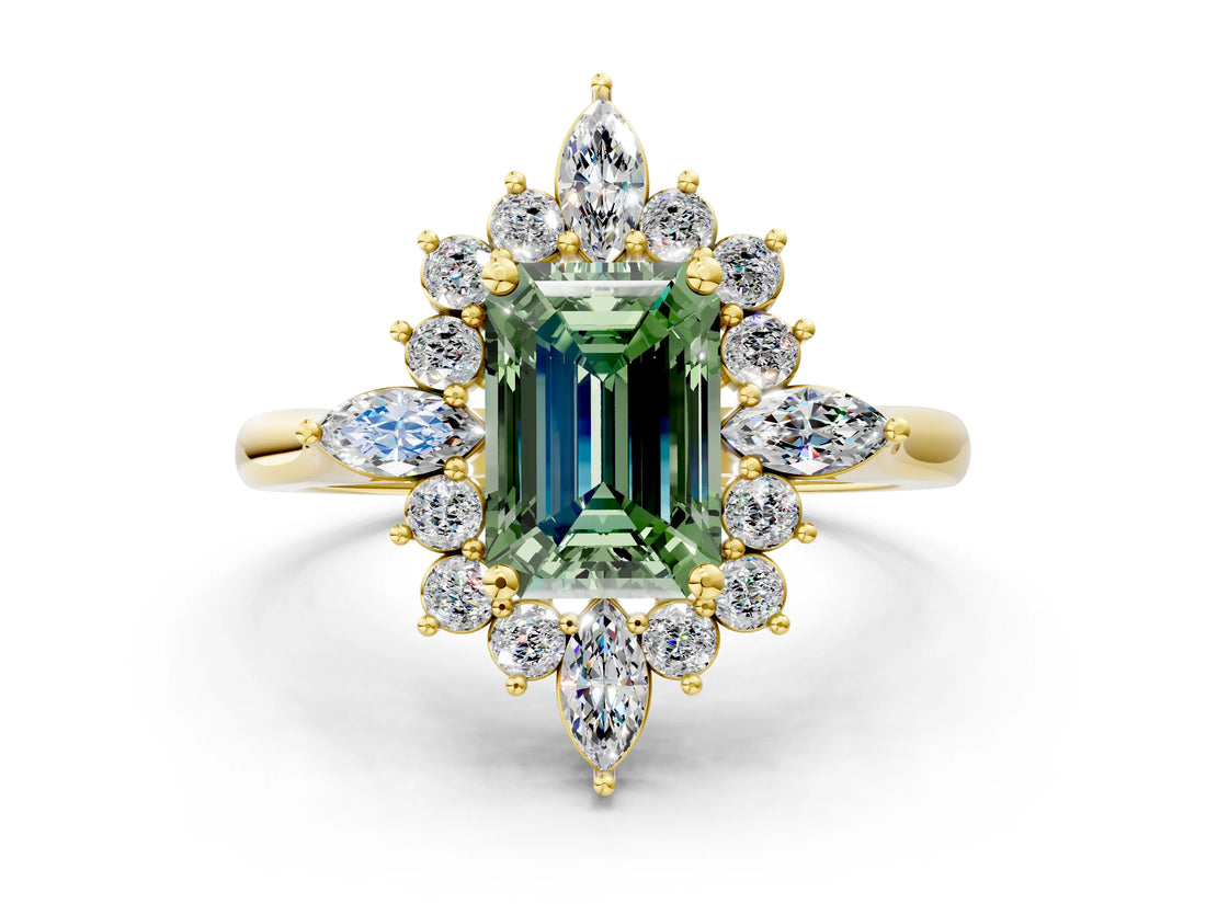 Yellow gold Fancy Green Emerald Cut Halo Diamond Cluster Ring with Marquise and Round Stones on a White Gold Band with Prong Setting