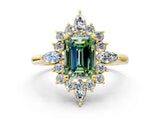 Yellow gold Fancy Green Emerald Cut Halo Diamond Cluster Ring with Marquise and Round Stones on a White Gold Band with Prong Setting