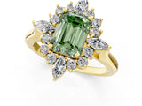 Yellow gold Fancy Green Emerald Cut Halo Diamond Cluster Ring with Marquise and Round Stones on a White Gold Band with Prong Setting_1