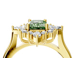 Yellow gold Fancy Green Emerald Cut Halo Diamond Cluster Ring with Marquise and Round Stones on a White Gold Band with Prong Setting_4