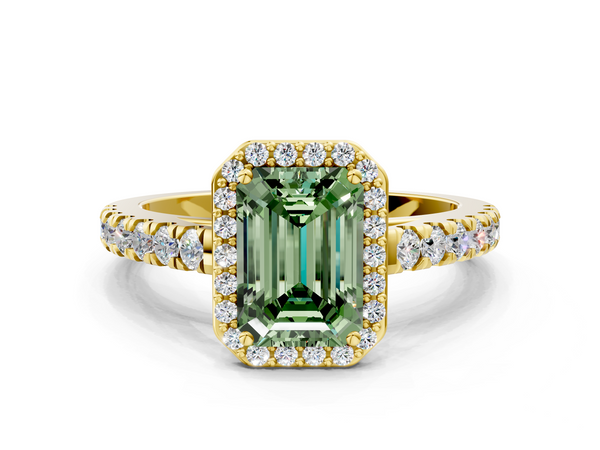 Yellow gold Fancy Green Emerald  Cut Halo Diamond Engagement Ring with Pave Band and Four-Prong Setting