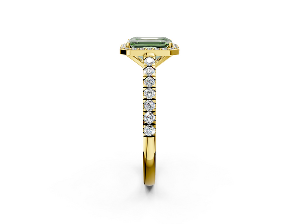 Yellow gold Fancy Green Emerald  Cut Halo Diamond Engagement Ring with Pave Band and Four-Prong Setting