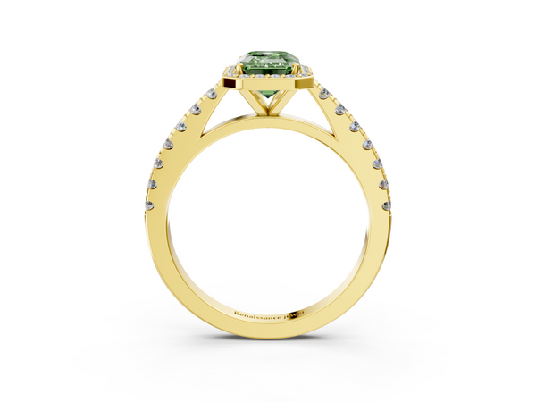 Yellow gold Fancy Green Emerald  Cut Halo Diamond Engagement Ring with Pave Band and Four-Prong Setting