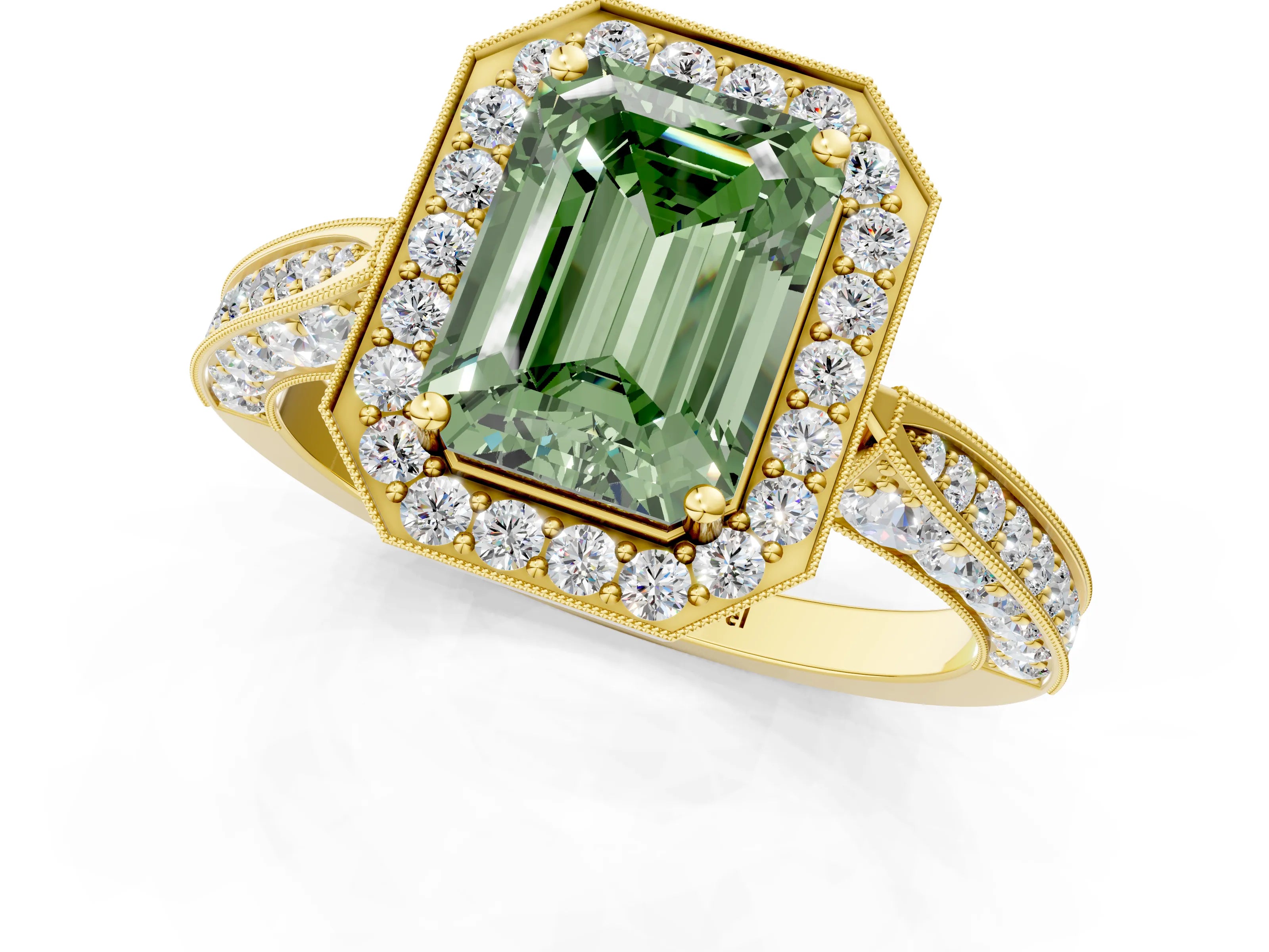 Yellow gold Fancy Green Emerald Cut Halo Diamond Engagement Ring with Split Shank Band and Four-Prong Setting_1